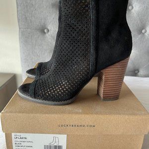 Lucky Brand Lakyn Perforated Peep Toe Booties in Black Suede